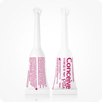 For Conceive Plus Duo Combo Fertility Lubricant Bundle, the image showcases two 4g pre-filled applicators, one showing the front label with branding and dosage, and the other displaying the product directions and regulatory symbols. The applicators are positioned upright against a clean white background.