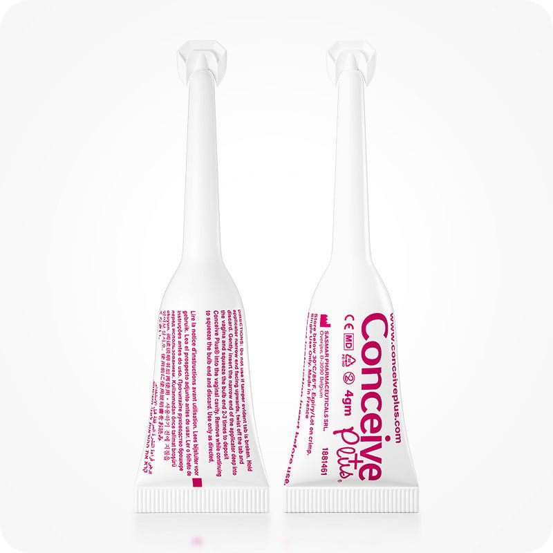 For Conceive Plus Duo Combo Fertility Lubricant Bundle, the image showcases two 4g pre-filled applicators, one showing the front label with branding and dosage, and the other displaying the product directions and regulatory symbols. The applicators are positioned upright against a clean white background.