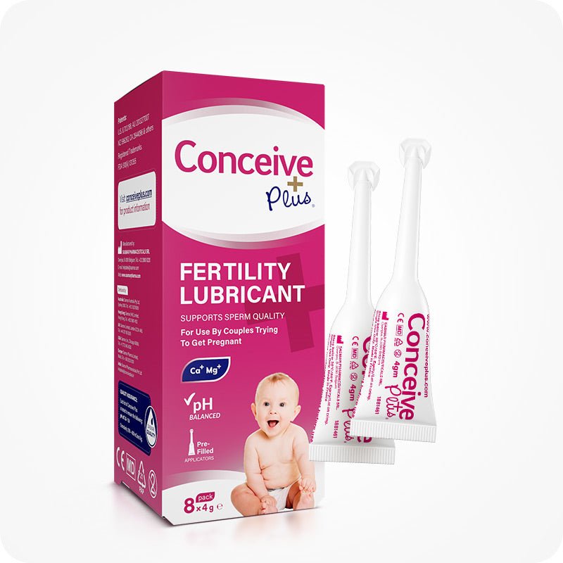 For Conceive Plus Duo Combo Fertility Lubricant Bundle, this image displays an 8-pack box of pre-filled 4g applicators alongside two individual applicators. The packaging highlights pH balance, calcium and magnesium ion content, and support for sperm quality. The box design is pink and white with a baby image to emphasize its use for couples trying to conceive.